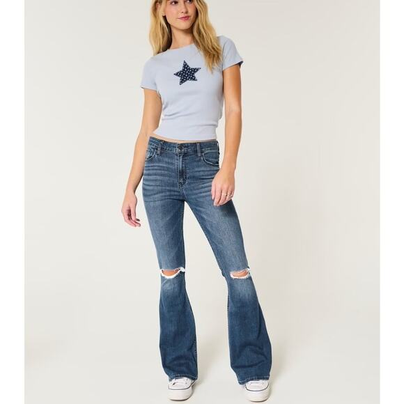 Hollister High Rise Flare Ripped Medium Wash 25R Denim Retro Boho Hippie - Picture 1 of 7